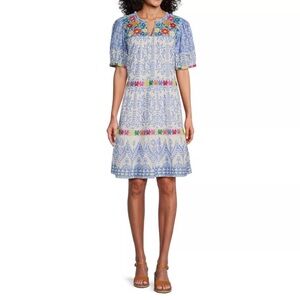 John Mark New Womens Dress Size XL Multicolor Floral Embroidery Puff Sleeves